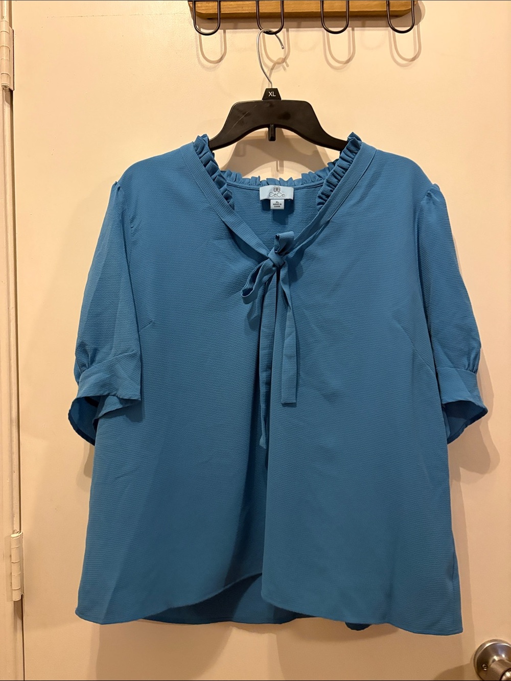 CeCe Teal-Blue Ruffle Tie-Neck Short-Sleeve Blouse